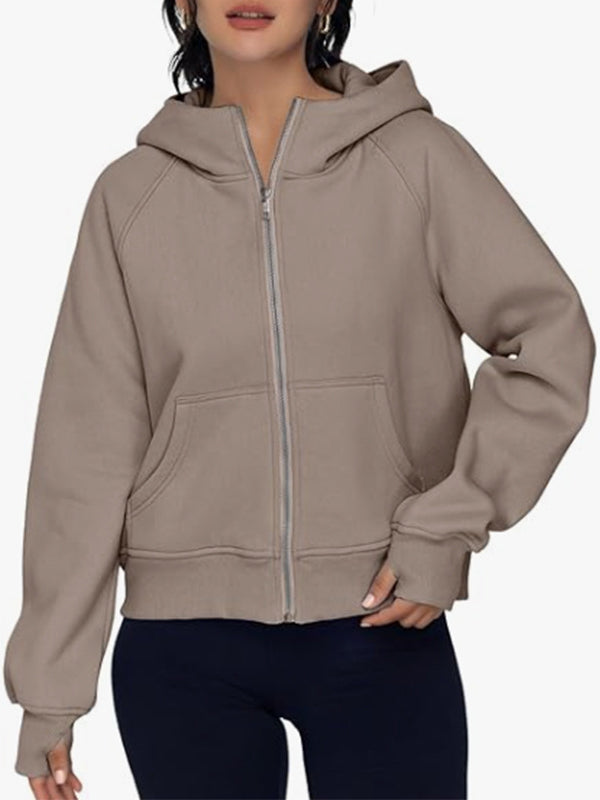 Pockets Solid Color Zipper Hooded Long Sleeves Outerwear Jackets