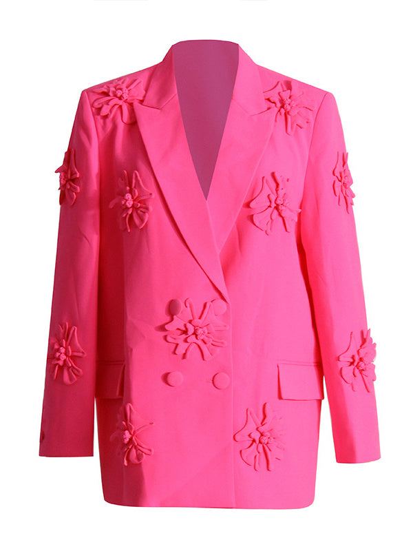 Flower-Embellished Solid Color Long Sleeves Lapel Outerwear Blazer