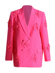 Flower-Embellished Solid Color Long Sleeves Lapel Outerwear Blazer