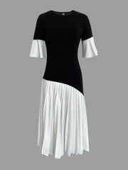 Flared Sleeves Half Sleeves Pleated Split-Joint Round-Neck Midi Dresses