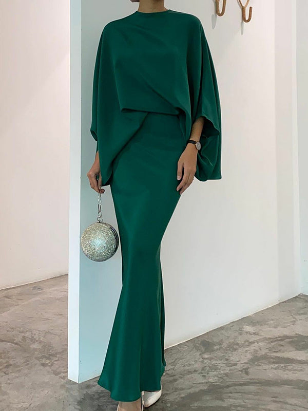 Batwing Sleeves Loose Solid Color Split-Joint Round-Neck Skirt Set Two Pieces Set