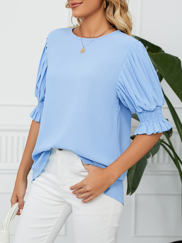 Pleated Solid Color Loose Puff Sleeves Round-Neck T-Shirts Tops