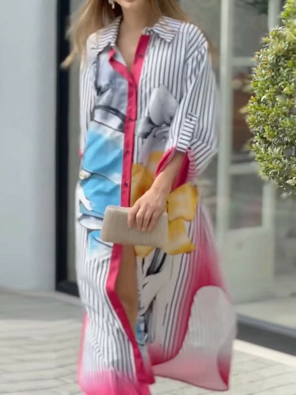 Long Sleeves Loose Asymmetric Printed Striped Lapel Collar Midi Dresses