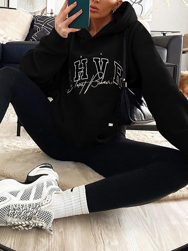 Keep Warm Letter Print Velvet Long Sleeves Loose Hooded Hoodies Tops