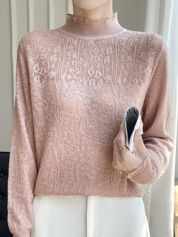 Crochet Solid Color Long Sleeves Loose Mock Neck T-Shirts Tops