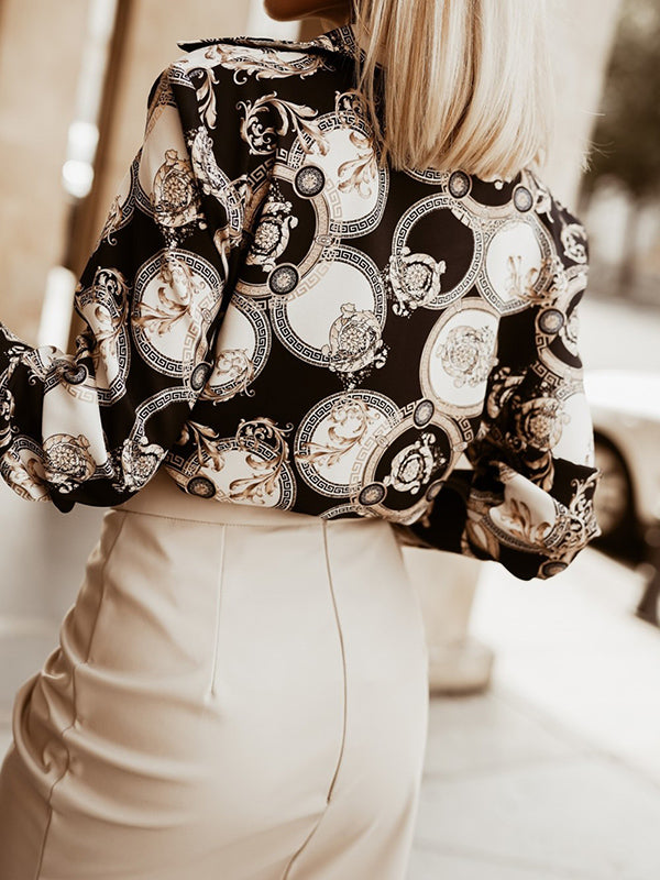 Contrast Color Printed Long Sleeves Loose Lapel Blouses