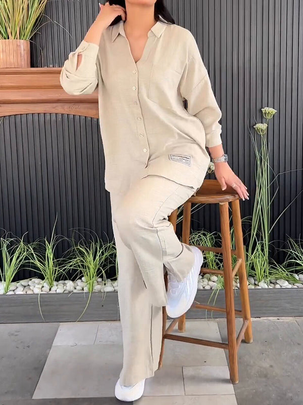 Solid Color Long Sleeves Buttoned Lapel Shirts Top + High Waisted Split-Side Pants Bottom Two Pieces Set