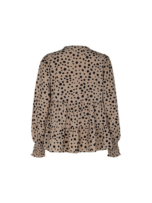 Elasticity Polka-Dot Split-Joint Long Sleeves Loose V-Neck Blouses&Shirts Tops