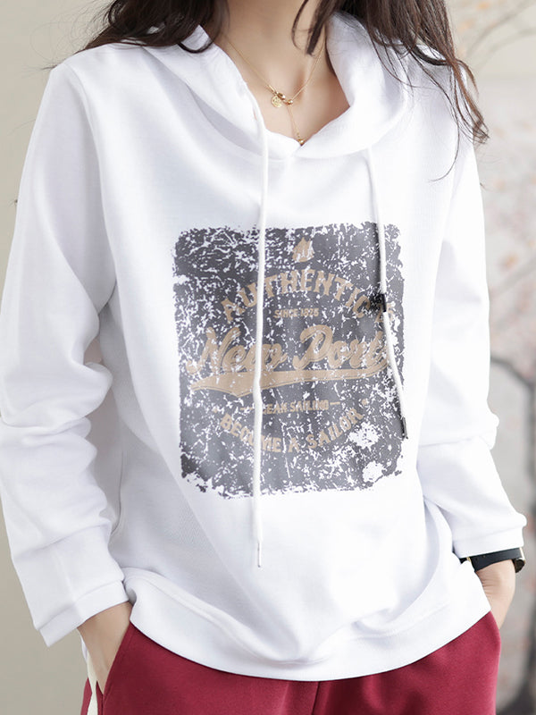 Drawstring Printed Long Sleeves Loose Hoodies Tops