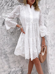 Hollow Pleated Solid Color Split-Joint Flared Sleeves Long Sleeves V-Neck Mini Dresses