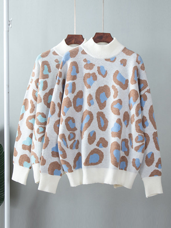 Leopard Long Sleeves Loose Mock Neck Sweater Tops Pullovers