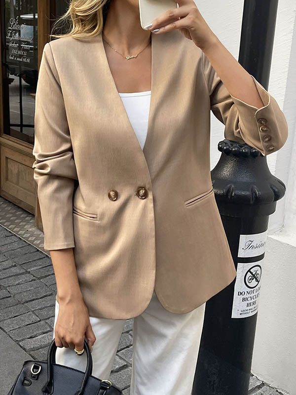 Buttoned Solid Color Split-Joint Long Sleeves Loose Collarless Outerwear Blazer