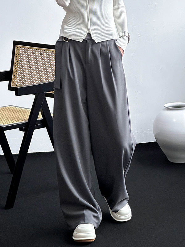 Belt Buckle Solid Color High Waisted Loose Trousers Suit Pants
