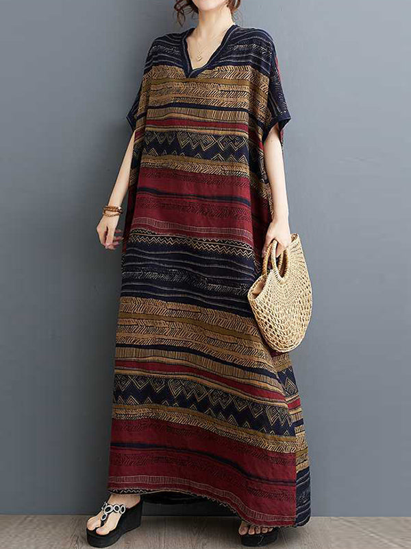 Split-Joint Striped A-Line Batwing Sleeves V-Neck Maxi Dresses