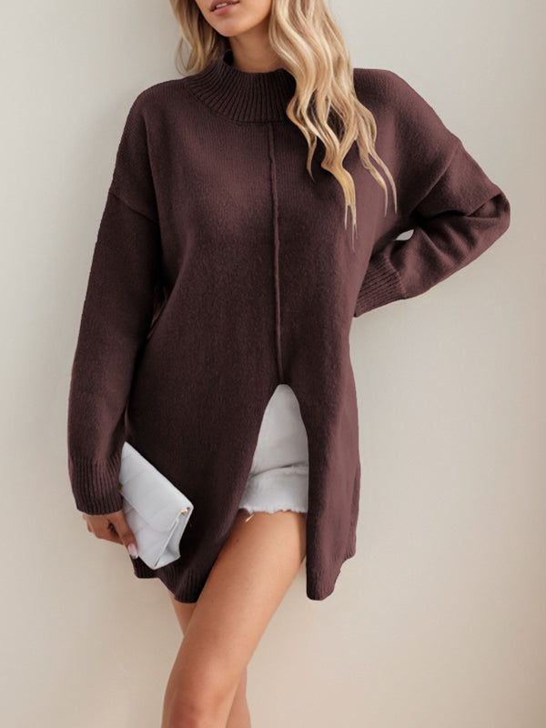 Solid Color Split-Front Split-Joint Long Sleeves Loose Mock Neck Sweater Tops