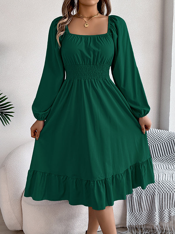 Pleated Ruffled Solid Color A-Line Elasticated Waist Square-Neck Midi Dresses