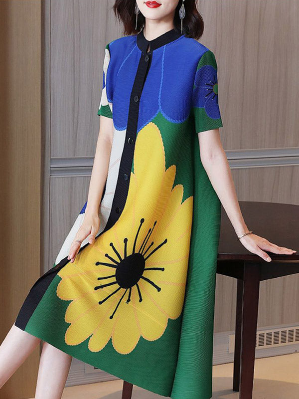 Buttoned Flower Print Pleated A-Line Loose Round-Neck Midi Dresses