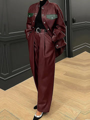 No Belt Pleated Pockets Solid Color High Waisted Wide Leg Trousers Pants