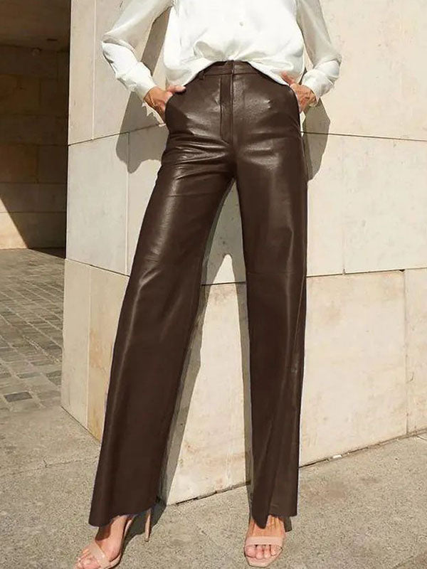 High-Waisted Solid Color Split-Joint Skinny Leg Straight Leg PU Trousers Pants