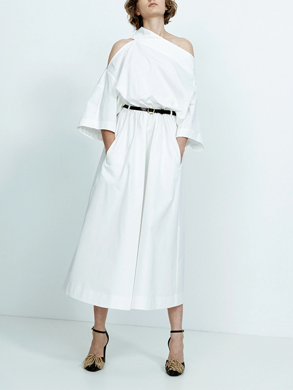 No Belt Solid Color Long Sleeves Loose Off-the-shoulder Midi Dresses