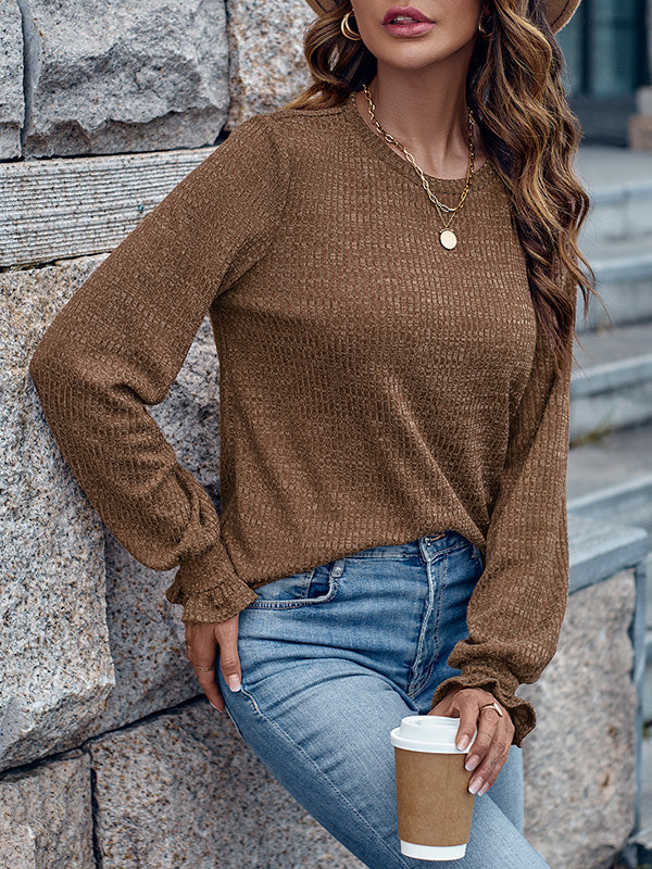 Elasticity Ruffled Solid Color Long Sleeves Loose Round-Neck T-Shirts Tops