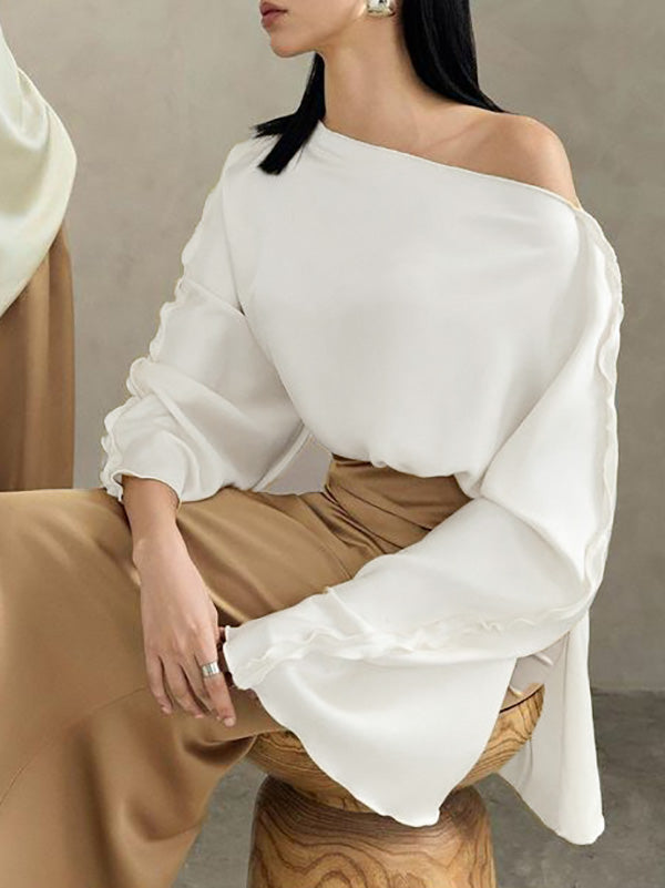 Solid Color Split-Joint Tied Flared Sleeves Long Sleeves Round-neck T-Shirts Tops