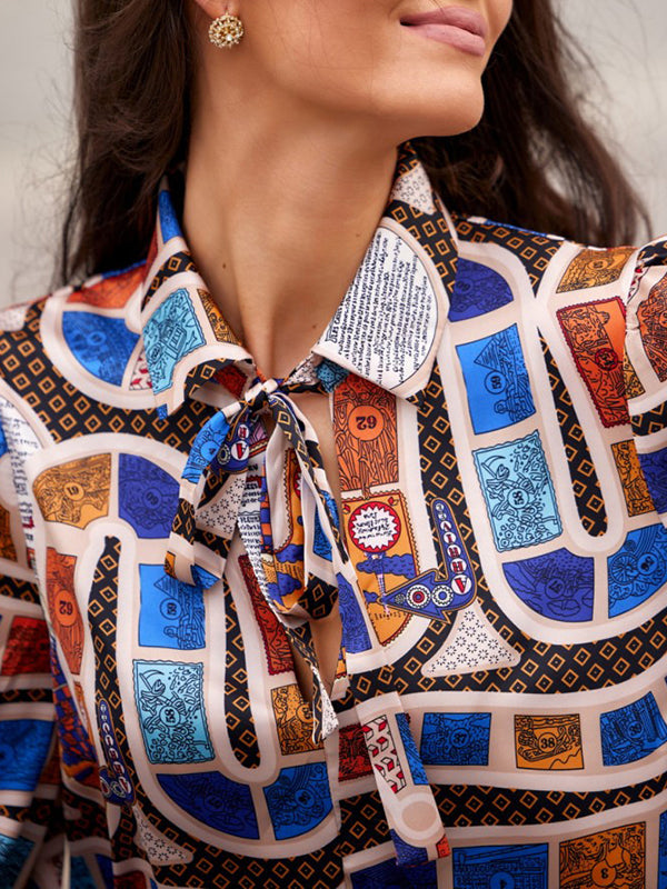 Lace-Up Printed Long Sleeves Loose Lapel Blouses&Shirts Tops
