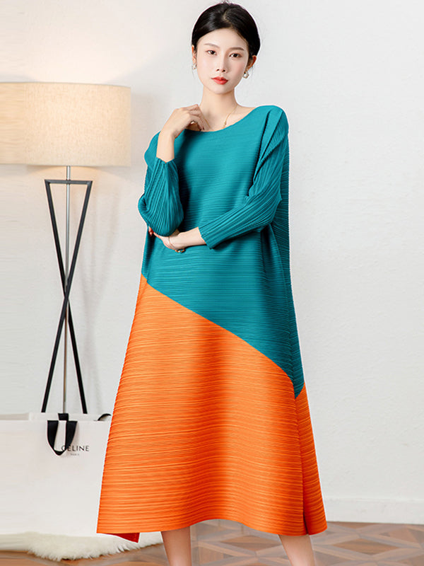 Original Contrast Color Split-Joint Round-Neck Pleated Midi Dress