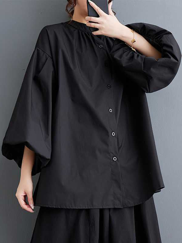 Buttoned Hollow Pleated Solid Color Loose Nine-Minute Sleeve Round-Neck Blouses&Shirts Tops