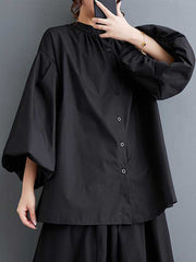 Buttoned Hollow Pleated Solid Color Loose Nine-Minute Sleeve Round-Neck Blouses&Shirts Tops
