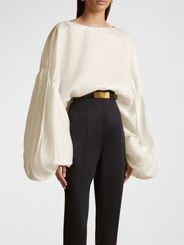 Elasticity Pleated Solid Color Split-Joint Long Sleeves Loose Round-neck Blouses&shirts Tops