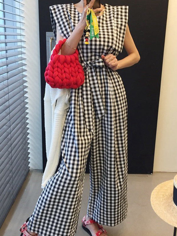 Plaid Pockets Tied Waist High Waisted Loose Round-neck Jumpsuits