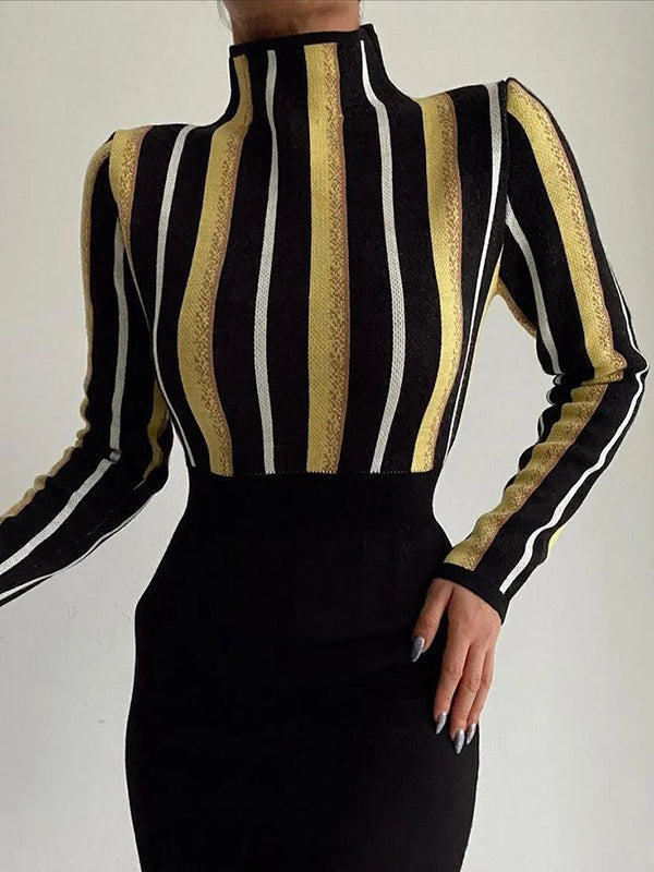Contrast Color Split-Joint Striped Long Sleeves Skinny High Neck T-Shirts Tops