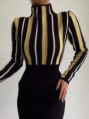 Contrast Color Split-Joint Striped Long Sleeves Skinny High Neck T-Shirts Tops