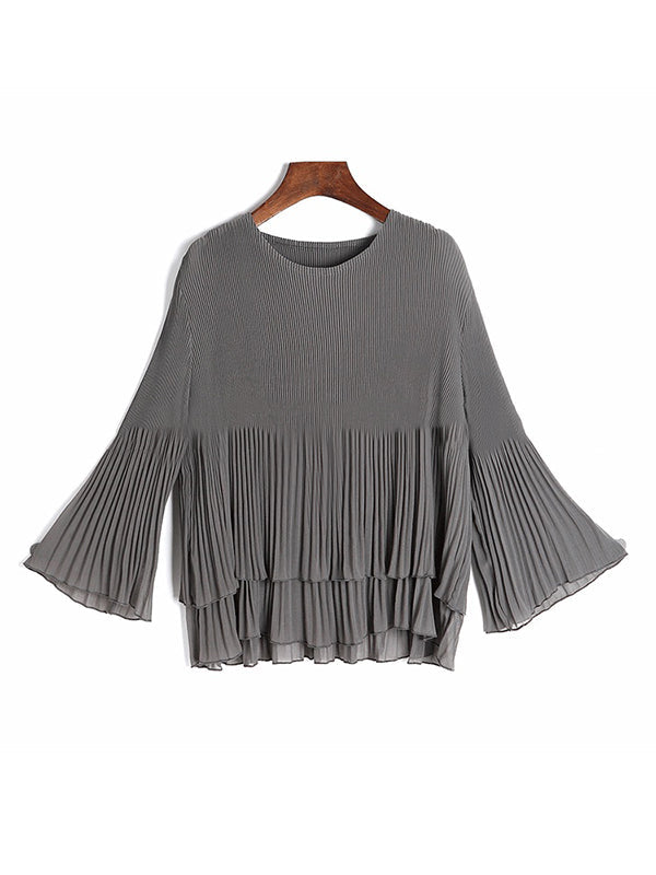 Original Loose Solid Color Pleated Falbala T-Shirt Top