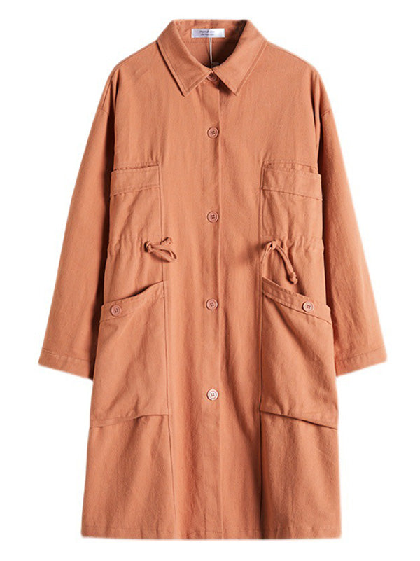 Casual Loose Solid Color Buttoned Lapel Collar Long Sleeves Trench Coat