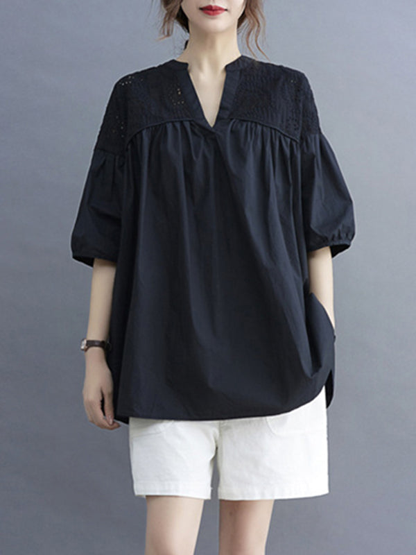 Hollow Pleated Solid Color Split-Joint Half Sleeves Loose V-Neck T-Shirts