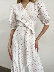 Elasticity Heart Print Jacquard Polka-Dot Split-Joint Tied Waist A-Line High Waisted V-Neck Midi Dresses