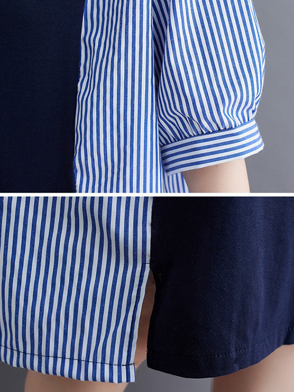 Split-Joint Striped Loose Short Sleeves Round-neck Midi Dresses
