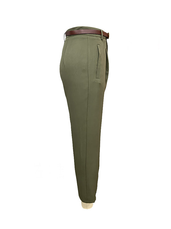 Belted Buttoned Pleated Pockets High Waisted Loose Suit Pants