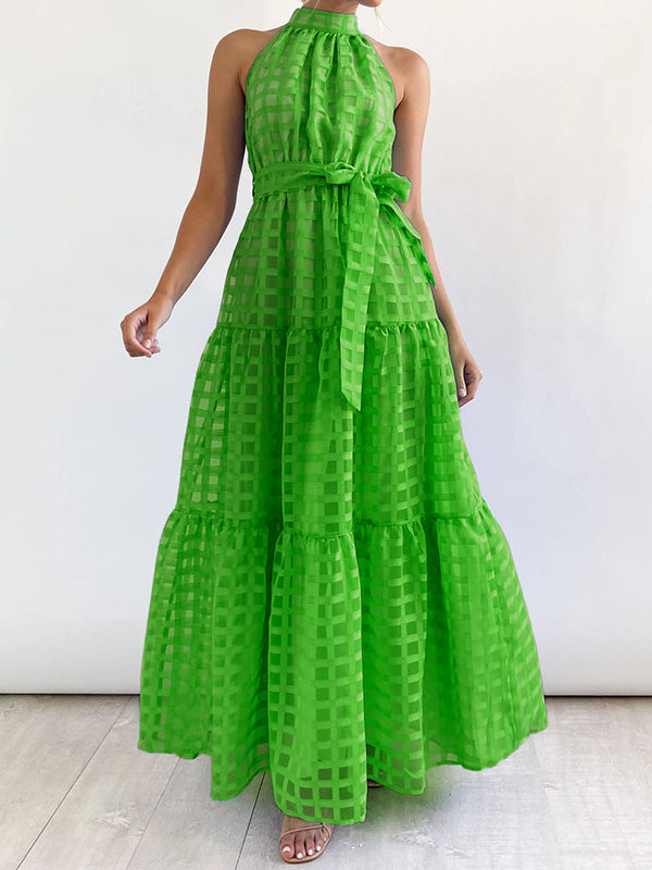 Plaid Ribbed Loose Sleeveless Stand Collar Maxi Dresses