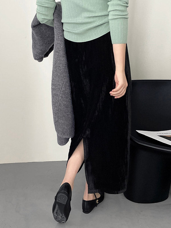 Elasticity Solid Color Split-Back High Waisted H-Line Skirts
