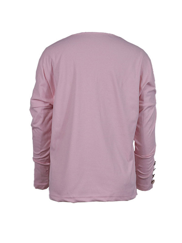 Buttoned Long Sleeves Loose V-Neck T-Shirts Tops