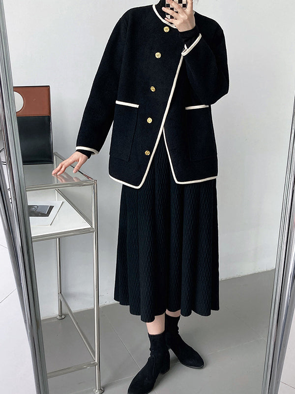 Asymmetric Buttoned Pockets Split-Joint Long Sleeves Loose Round-Neck Woolen Coat