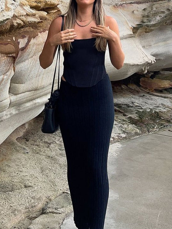 Elasticity Pleated See-Through Solid Color Bodycon Skinny Tube Skirts Midi Dresses