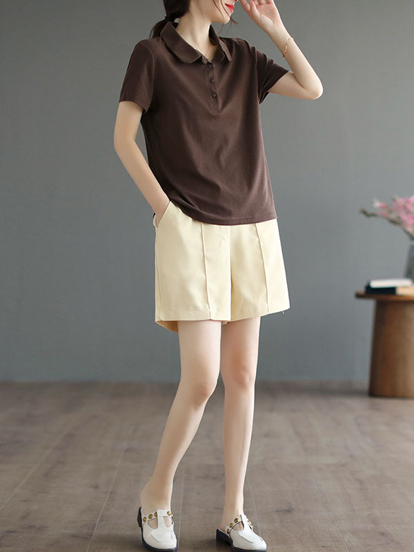 Buttoned Solid Color Short Sleeves Polo T-Shirts Tops