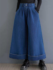 Elasticity Pleated Pockets High Waisted Loose Trousers Jean Pants Bottoms