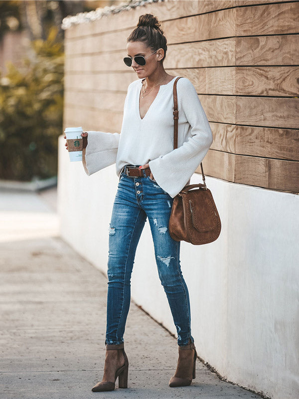 Casual Long Sleeves Loose Solid Color V-Neck Sweater Tops