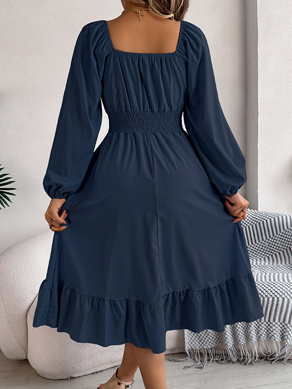 Pleated Ruffled Solid Color A-Line Elasticated Waist Square-Neck Midi Dresses