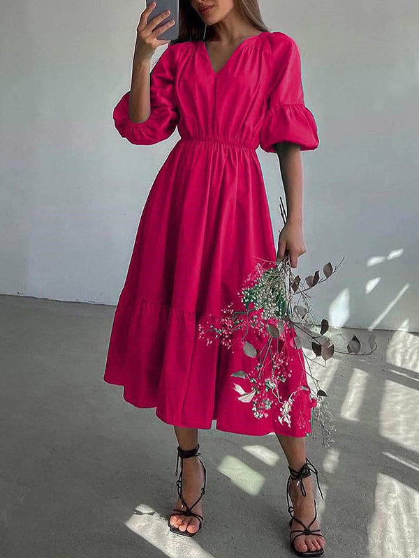 Elasticity Pleated Solid Color A-Line Half Sleeves V-Neck Midi Dresses